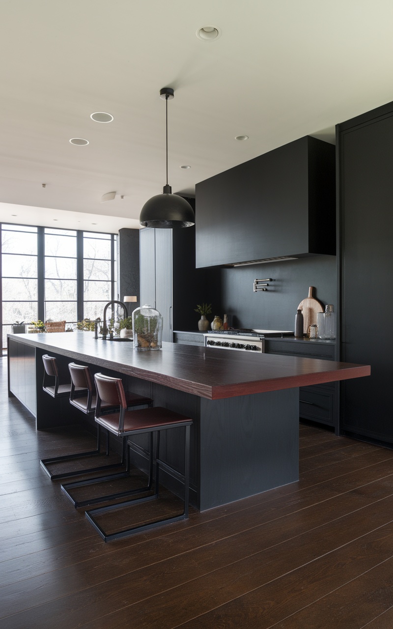 A modern kitchen featuring a cherry and black color scheme with a large black island and cherry wood countertop.