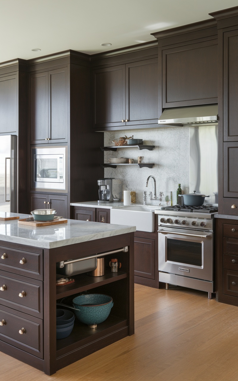 A modern kitchen with dark cherry cabinetry, marble island, and sleek appliances