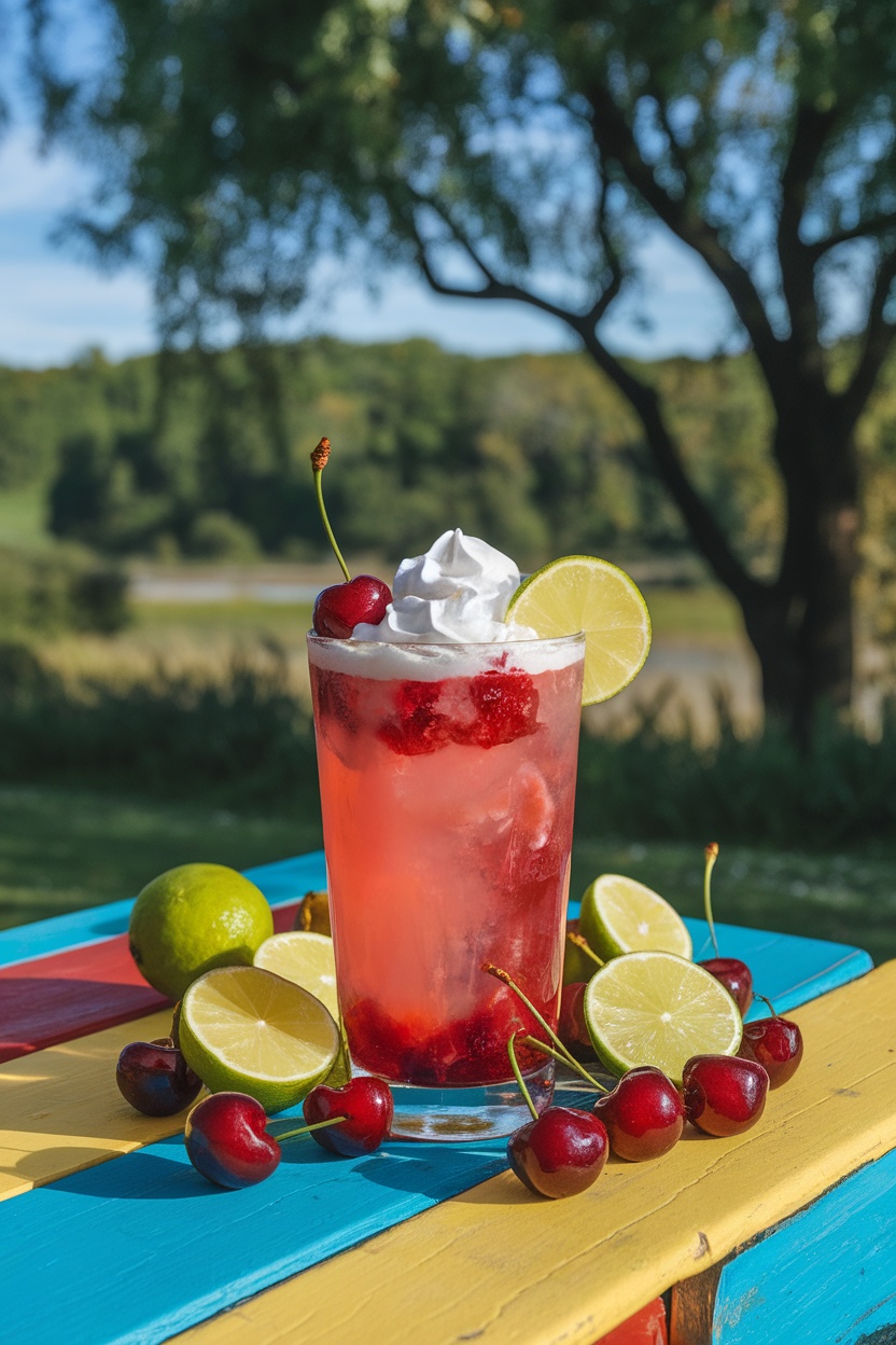 A glass of Cherry Limeade Float with cherries and lime on a colorful table