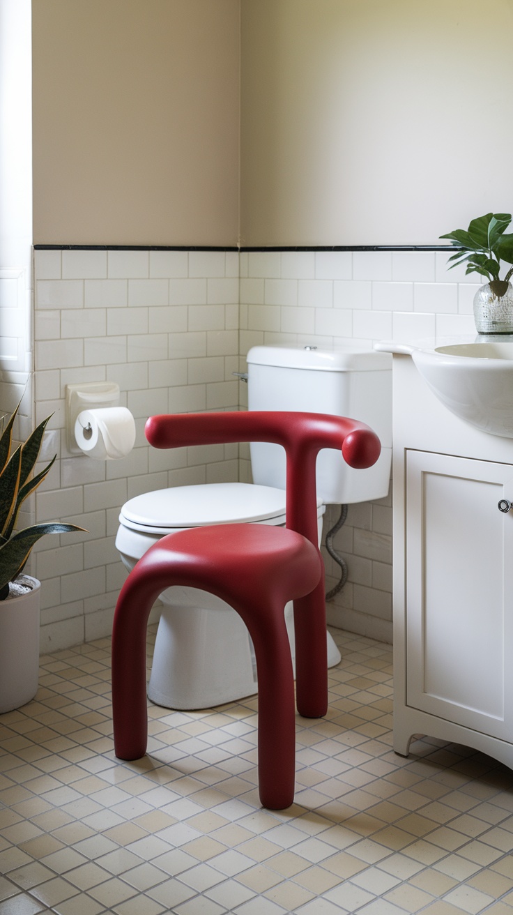 A stylish cherry red accent chair in a modern bathroom setting