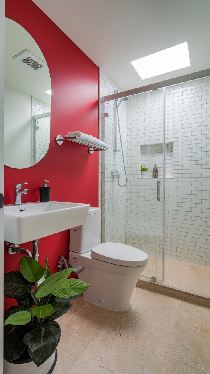 Cherry red accent wall in a modern bathroom with bright decor.