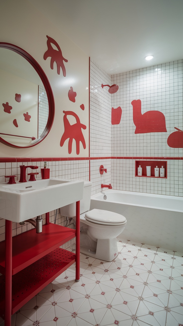 A vibrant cherry red theme in a kids' bathroom, showcasing playful accessories.