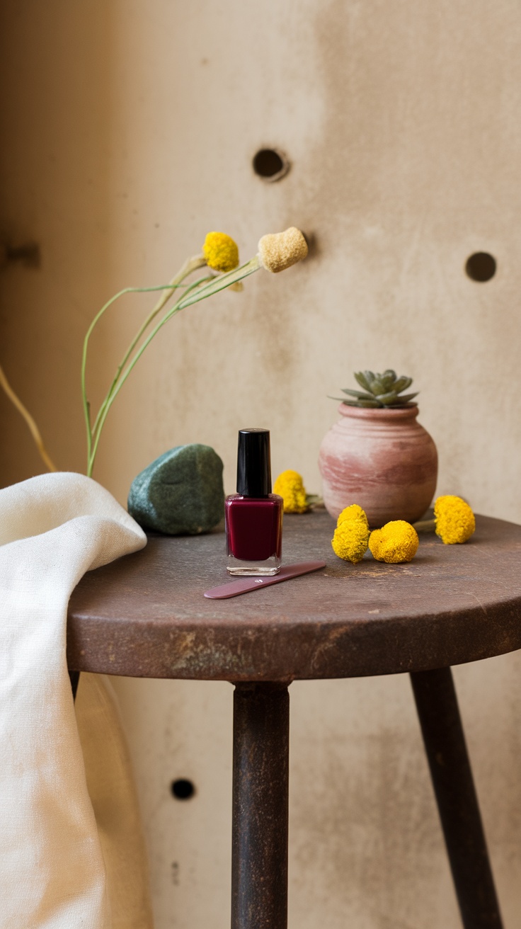 A bottle of cherry red nail polish on a rustic table with earthy decor.