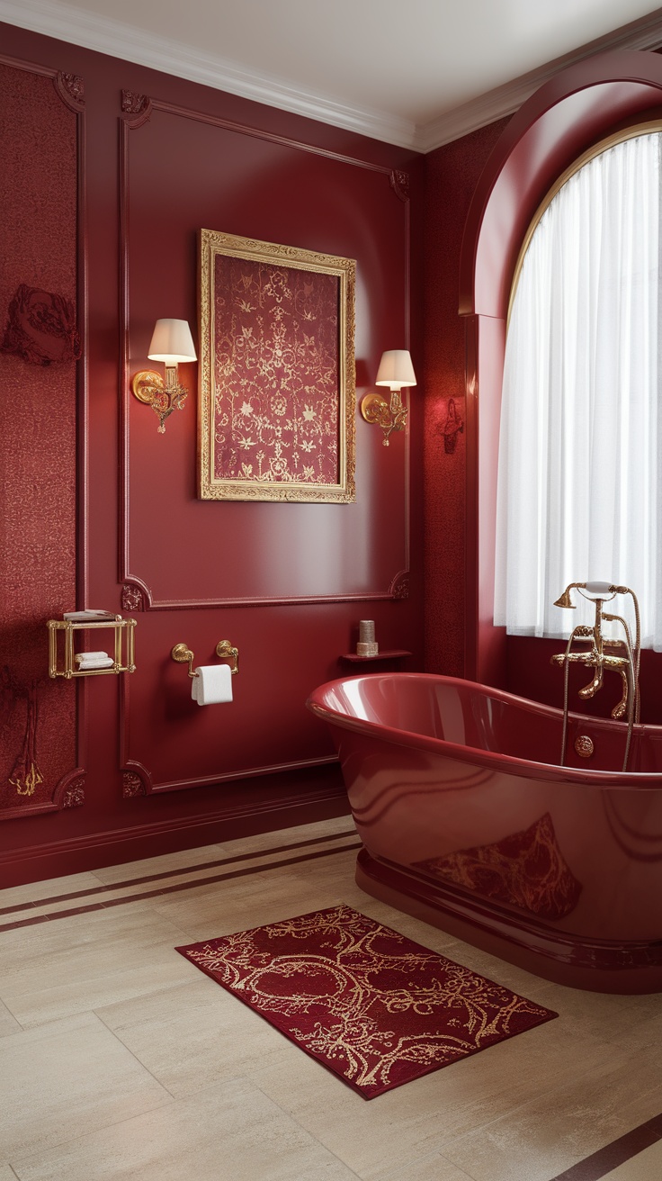 A luxurious bathroom design featuring cherry red walls and gold accents.