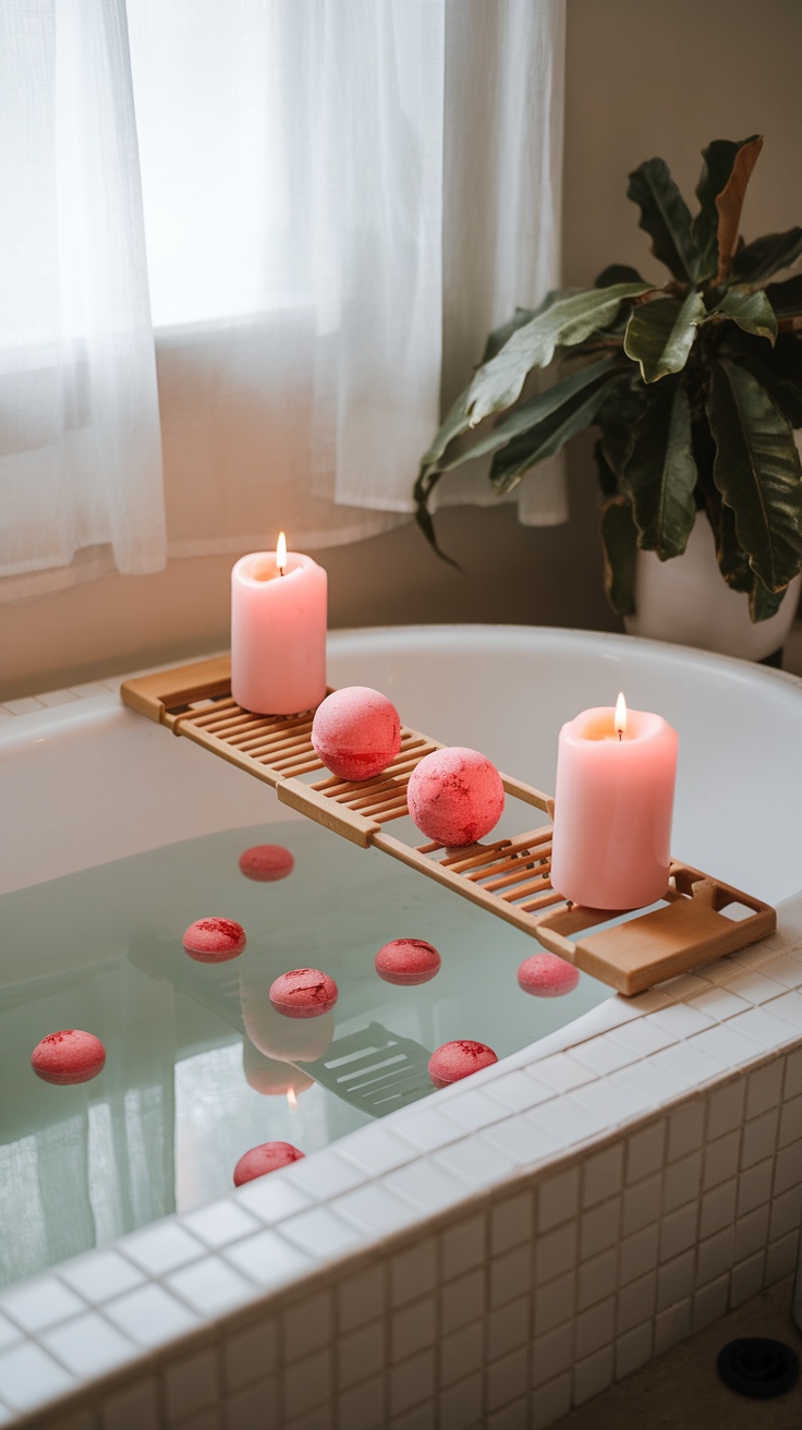 Cherry red bath bombs and candles in a relaxing bathroom setting.