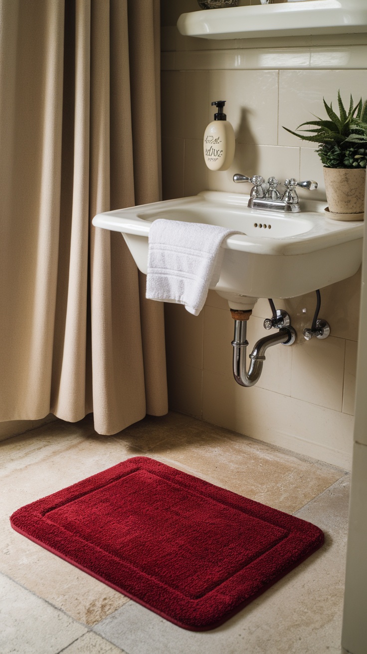 A cherry red bath mat placed in a bathroom setting.