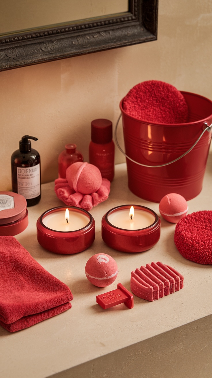 Cherry red bathing essentials including bath bombs, candles, and towels