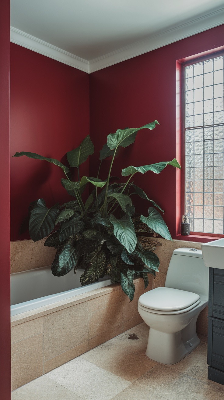 Indoor plants in a cherry red bathroom