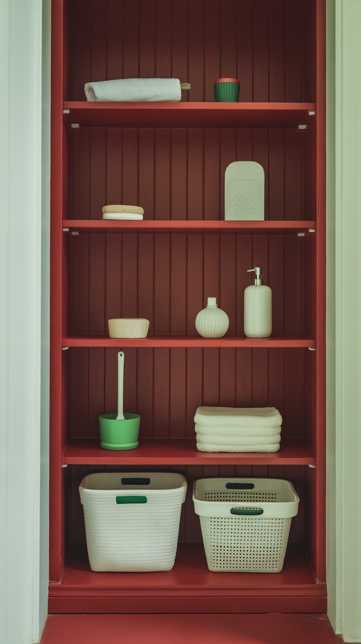 Cherry red bathroom shelving with neatly arranged items.