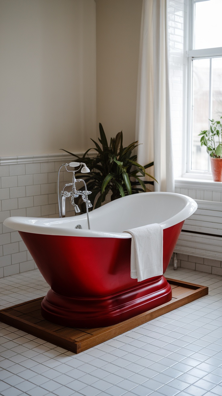 A beautiful cherry red bathtub enhancing the bathroom decor