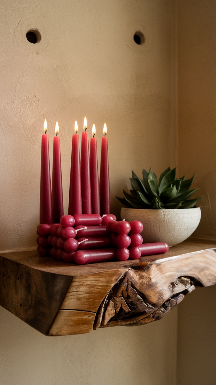 Cherry red candles on a wooden shelf