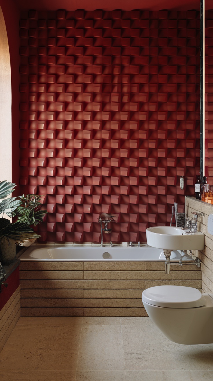 A stylish cherry red bathroom featuring textured walls and modern fixtures.