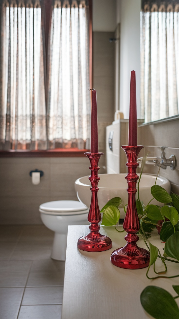 Decorative cherry red candle holders in a bathroom setting