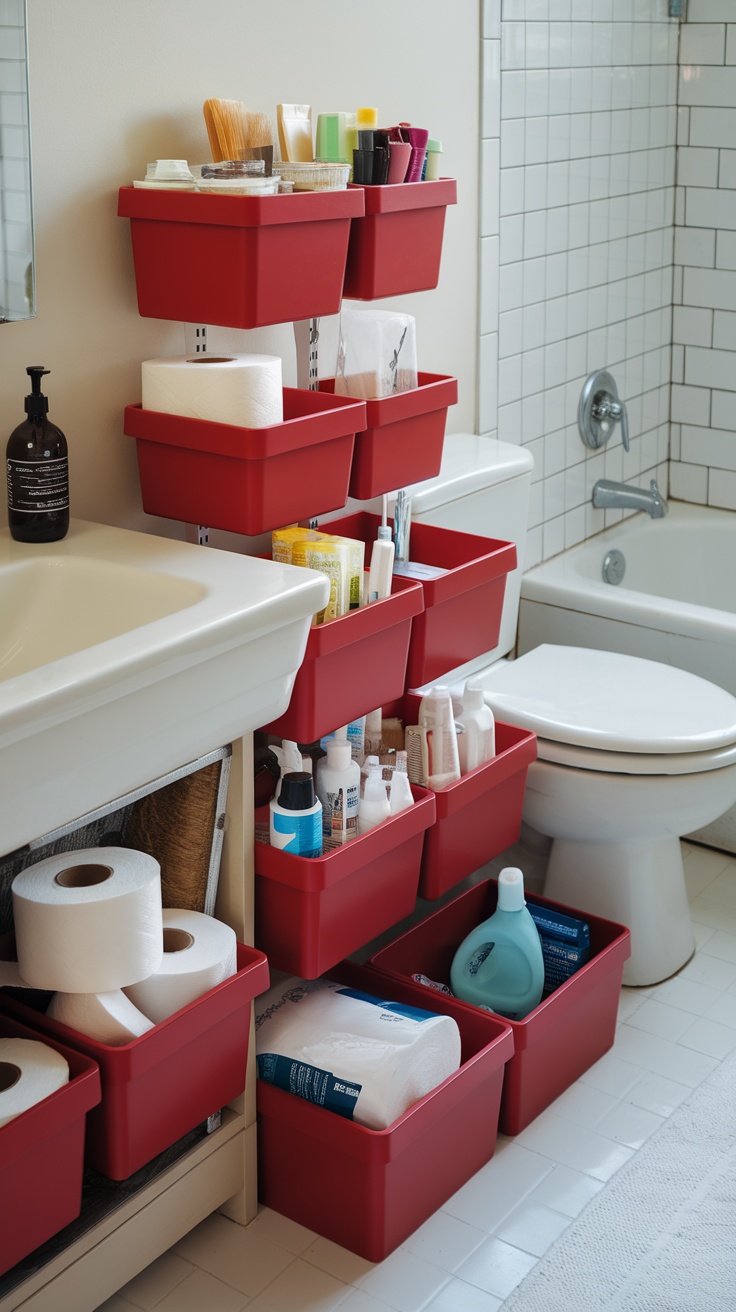 Cherry red decorative storage solutions in a bathroom.