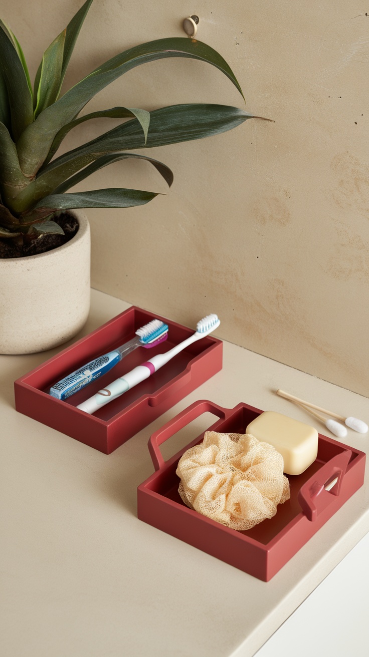 A collection of cherry red decorative trays with toiletries arranged neatly.