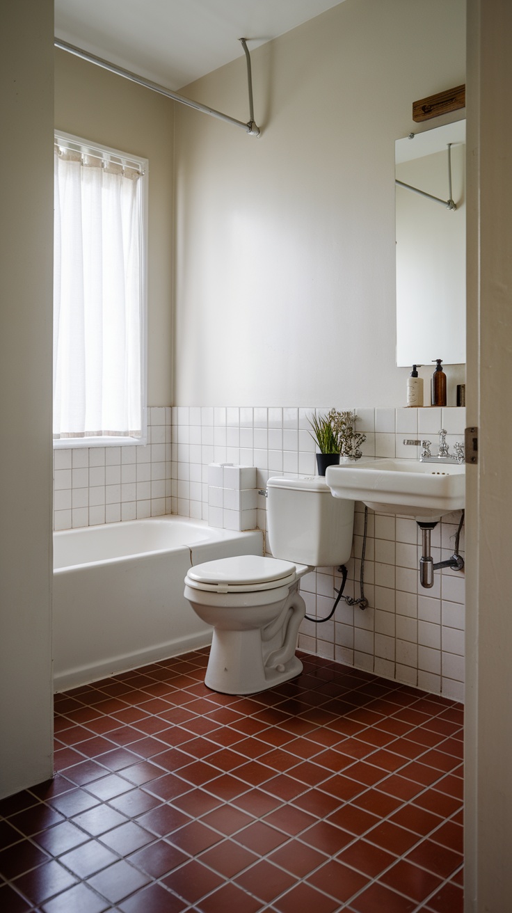 Cherry red flooring in a bathroom setting