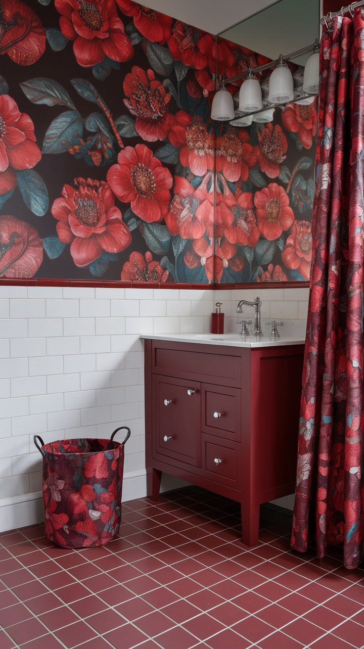 Cherry red floral themed bathroom with matching accessories and decor.