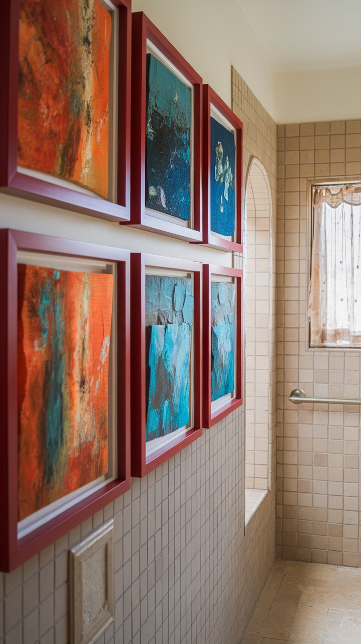 Bathroom with cherry red framed artwork on the wall