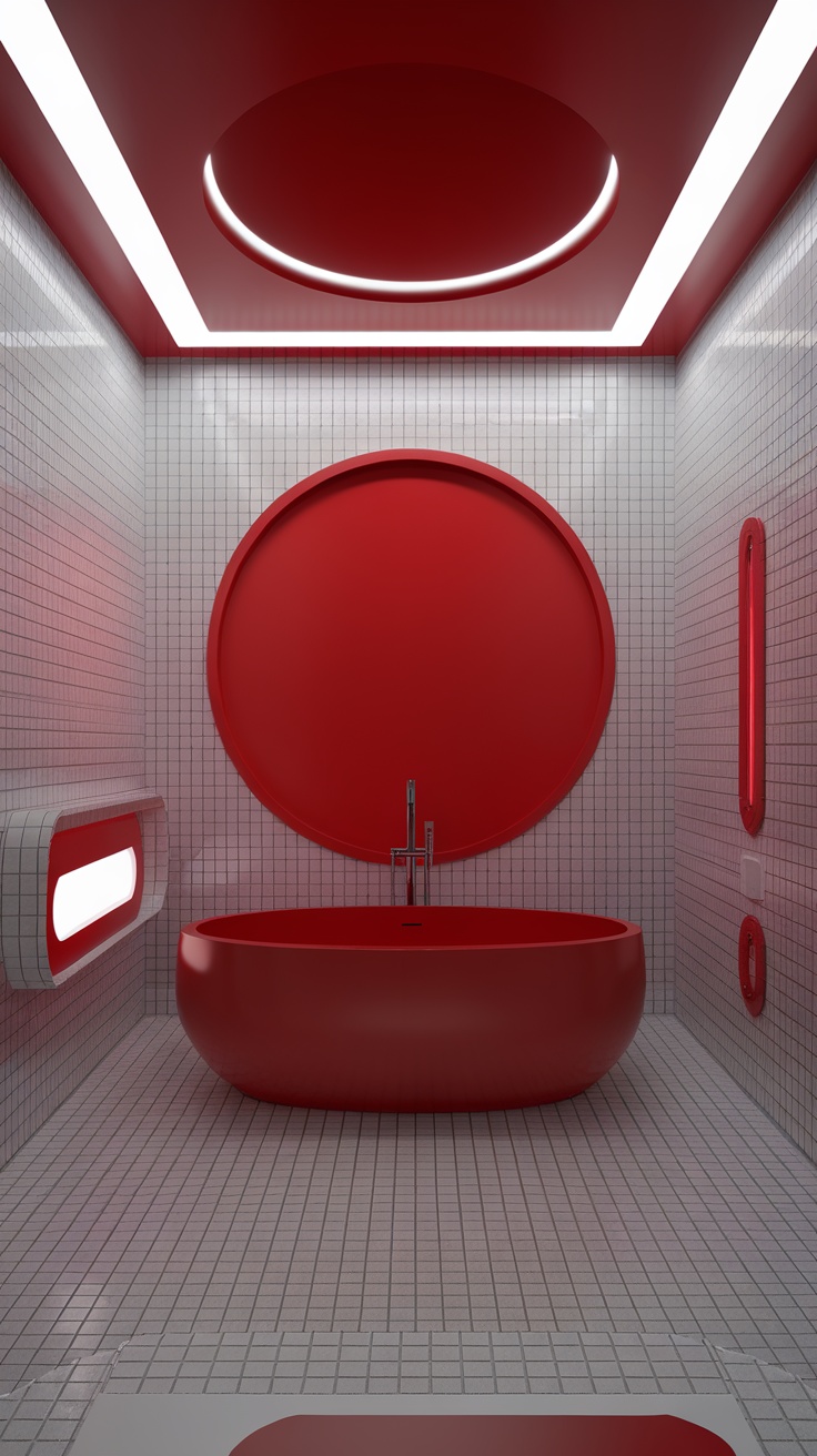 A modern cherry red bathroom showcasing sleek designs and futuristic elements.