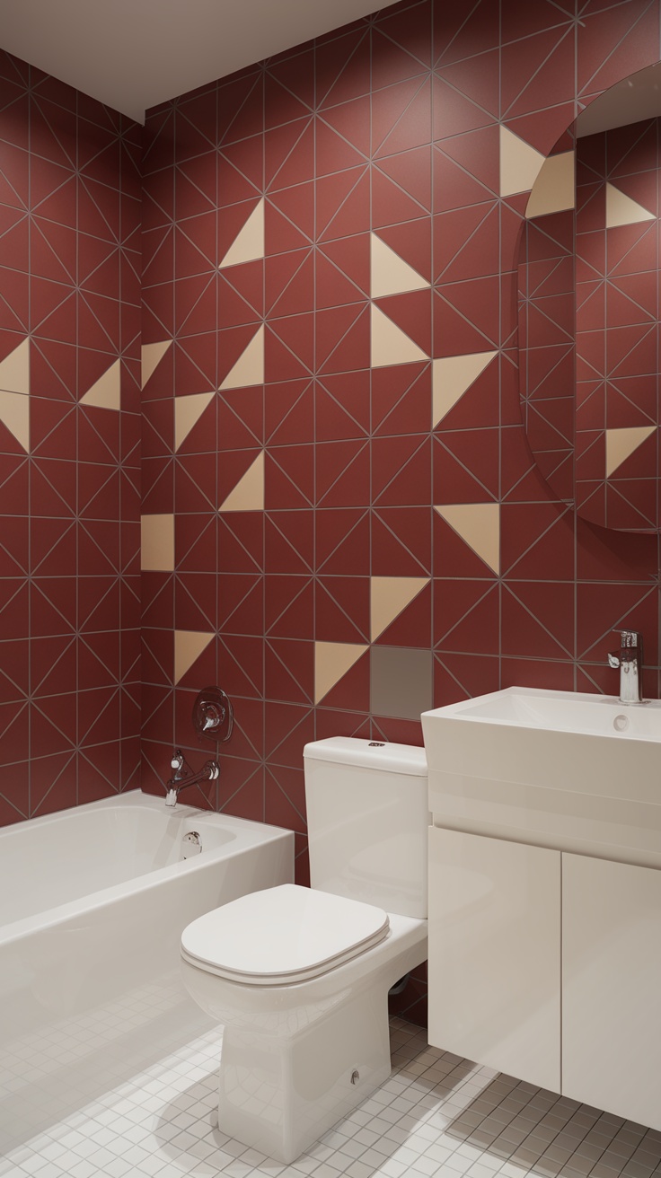 A stylish bathroom featuring cherry red geometric tiles.