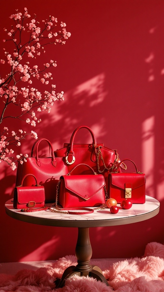 A collection of cherry red handbags displayed on a table with pink blossoms in the background.