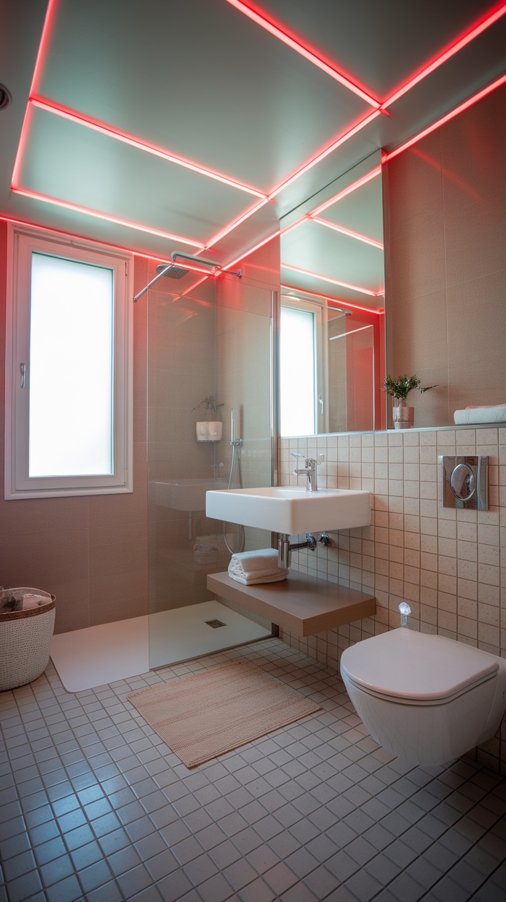 Stylish bathroom featuring cherry red LED lighting.