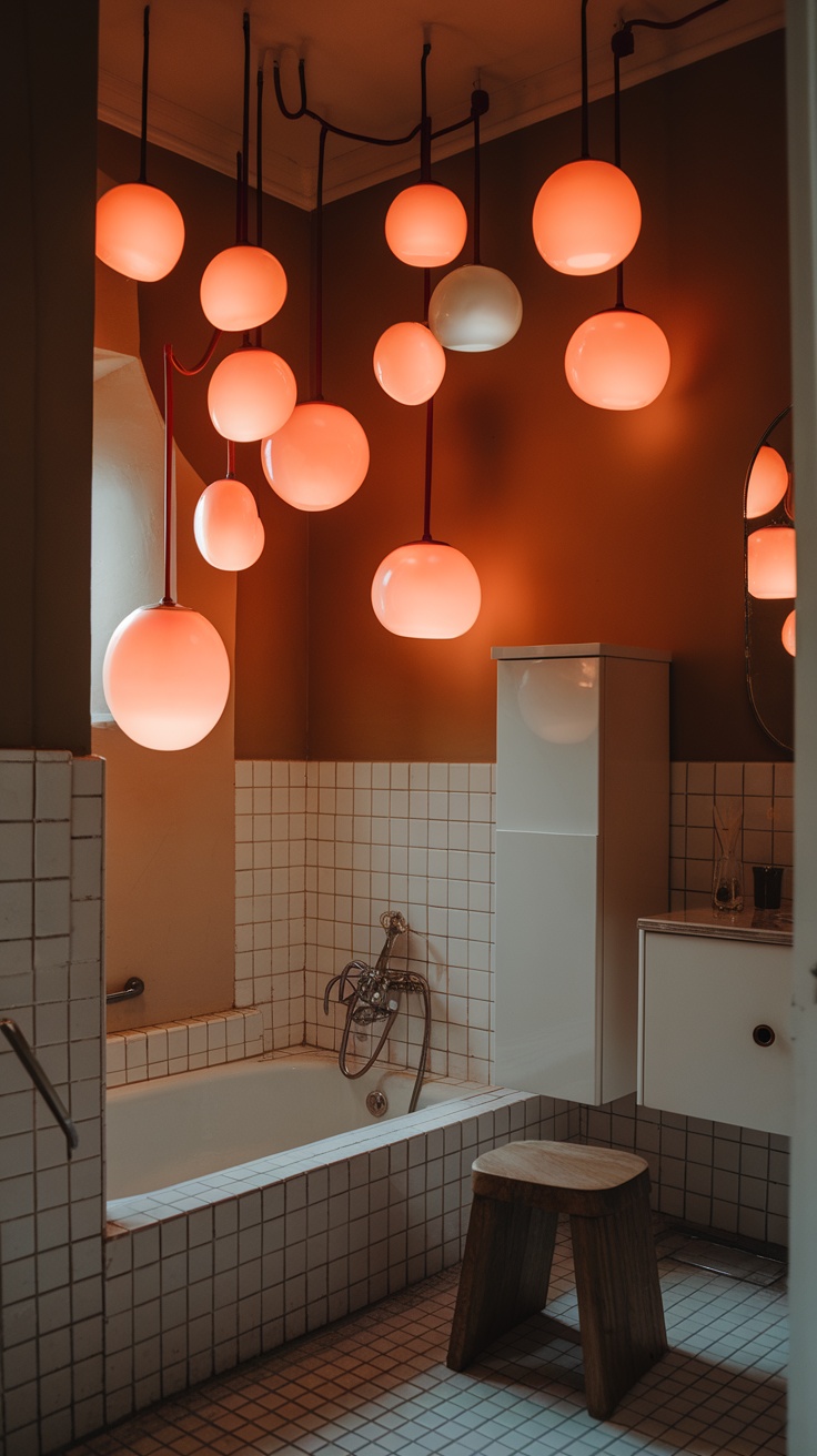 A stylish bathroom featuring cherry red lighting fixtures