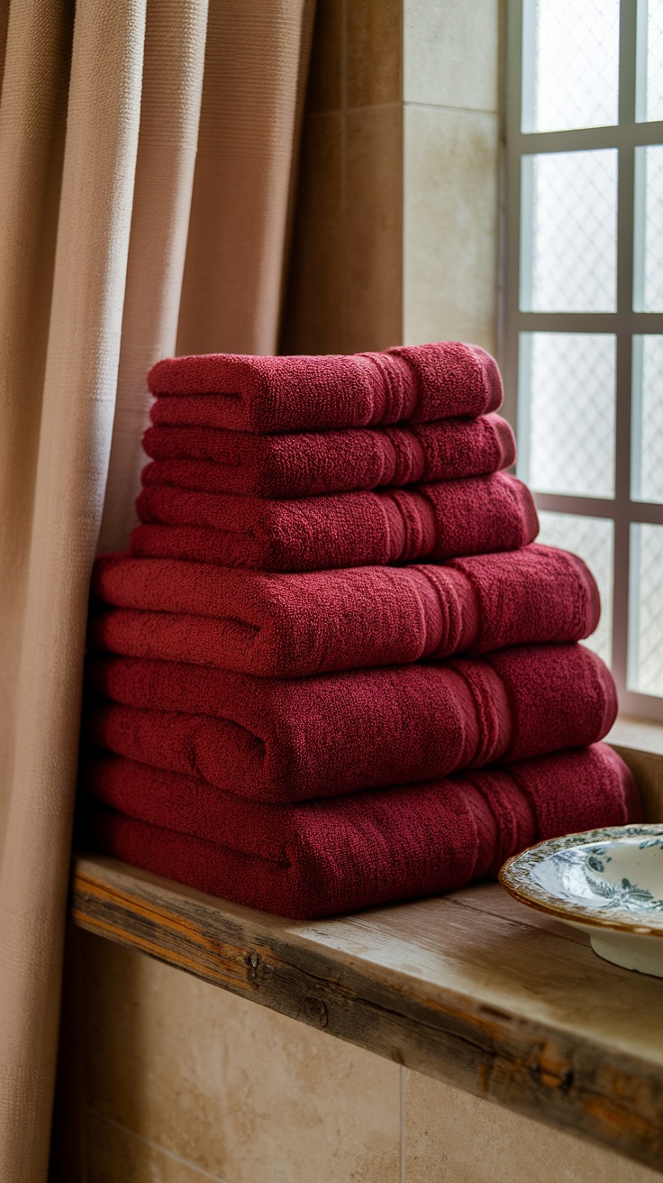 A stack of cherry red plush towels neatly arranged.