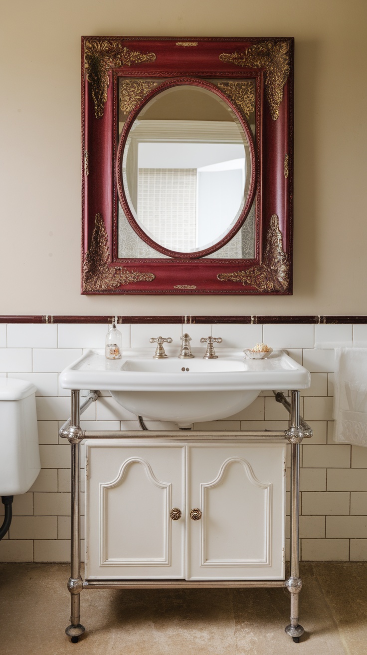 A decorative cherry red mirror with an ornate frame in a bathroom setting.