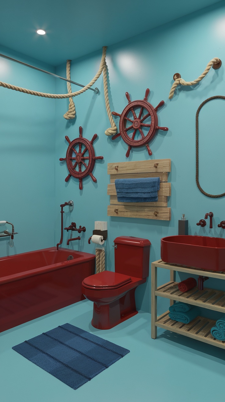 A bright cherry red nautical-themed bathroom featuring vibrant decor and accessories.