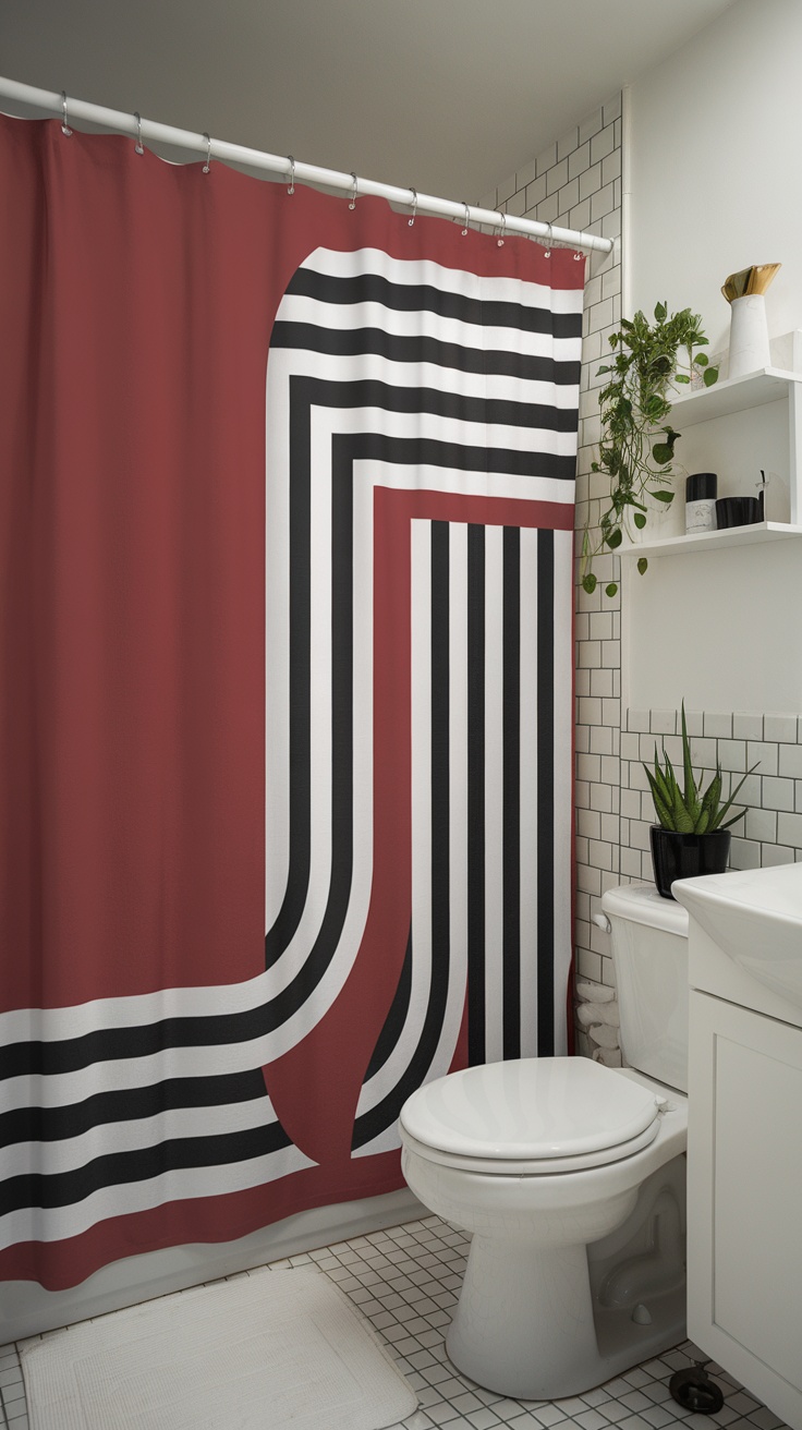 A vibrant cherry red shower curtain with bold patterns in a stylish bathroom.