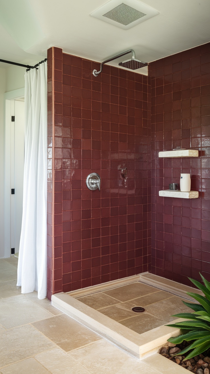 A striking cherry red tiled shower with a clean, modern aesthetic.