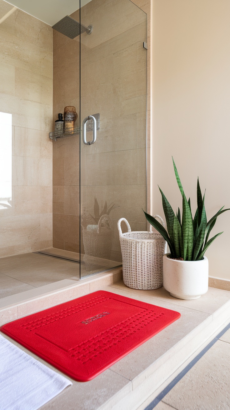 A cherry red shower mat in a stylish bathroom setting.