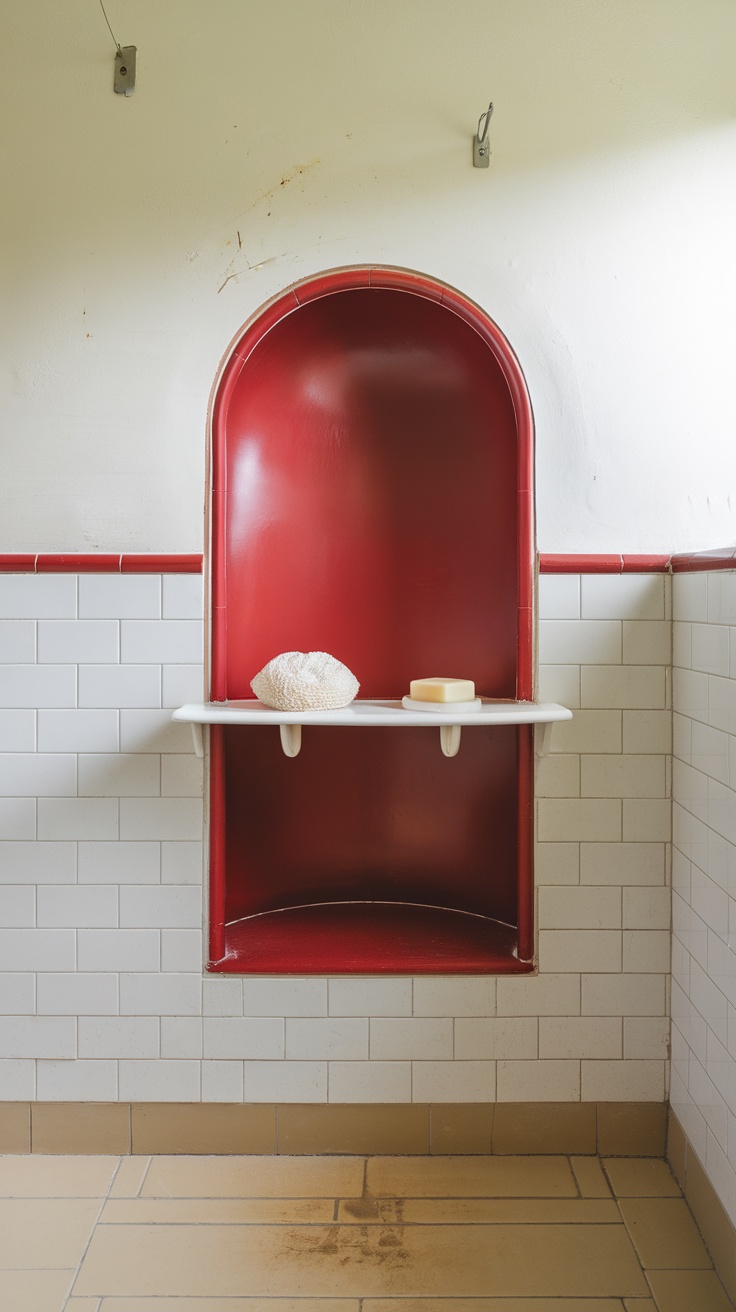 Cherry red shower niche with white tiles.