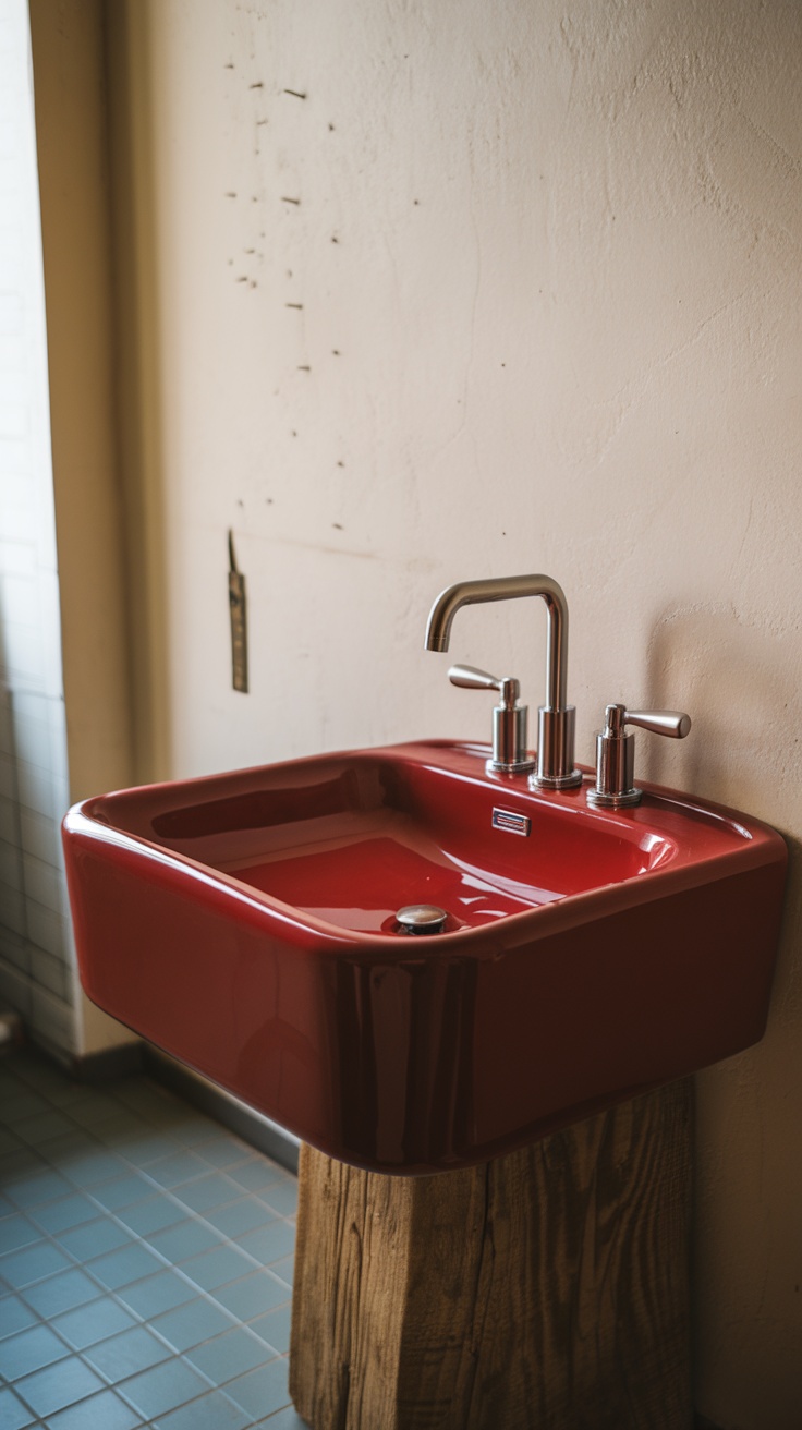 A vibrant cherry red sink and faucet in a bathroom setting.