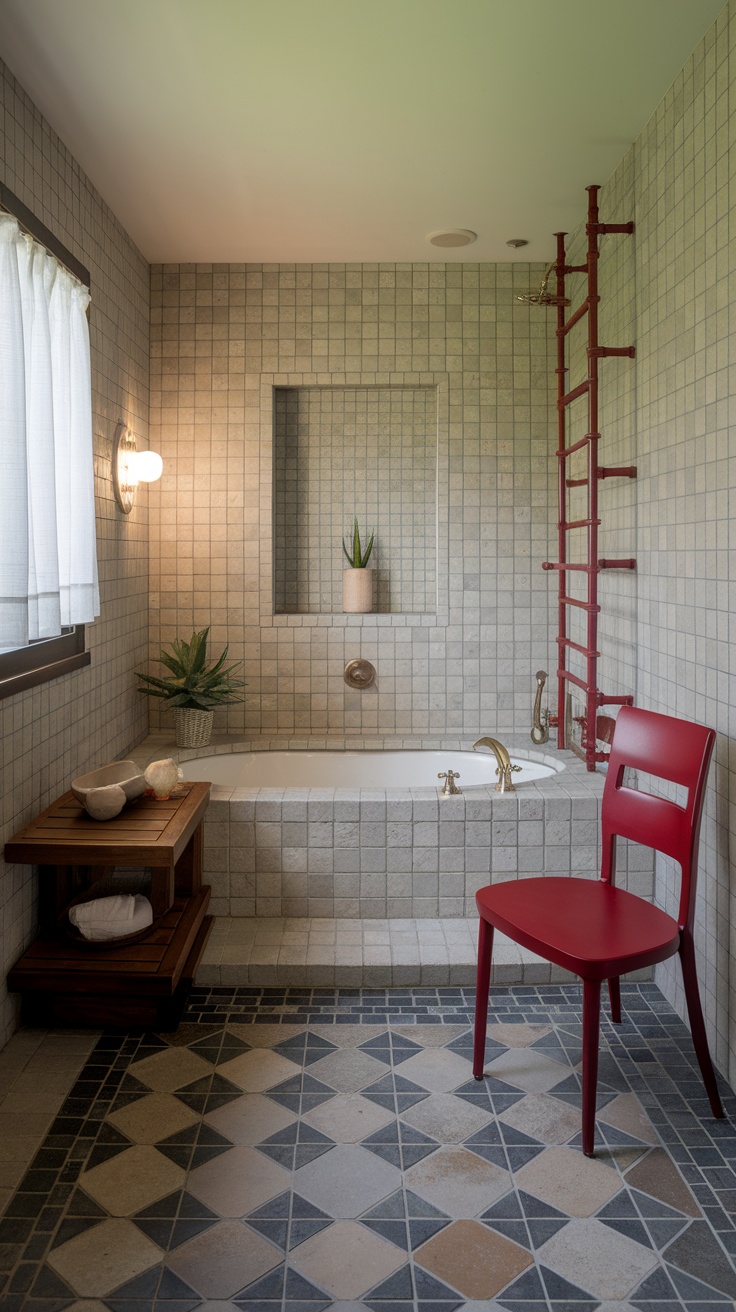 Cherry red bathroom with spa-like features, including red accents and natural elements.