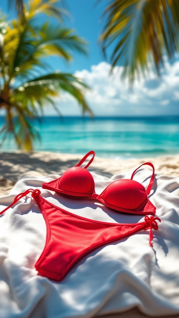 A cherry red bikini laid on a white towel with the beach in the background