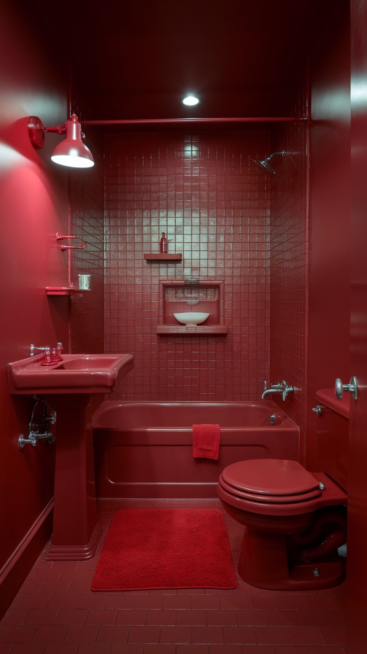 A small bathroom with a cherry red color scheme, featuring red walls, fixtures, and accessories.