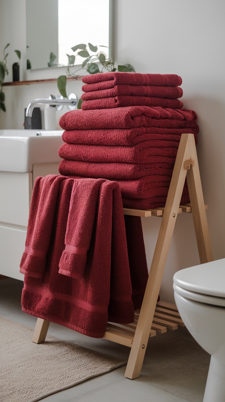 A stack of cherry red towels arranged neatly in a modern bathroom setting.