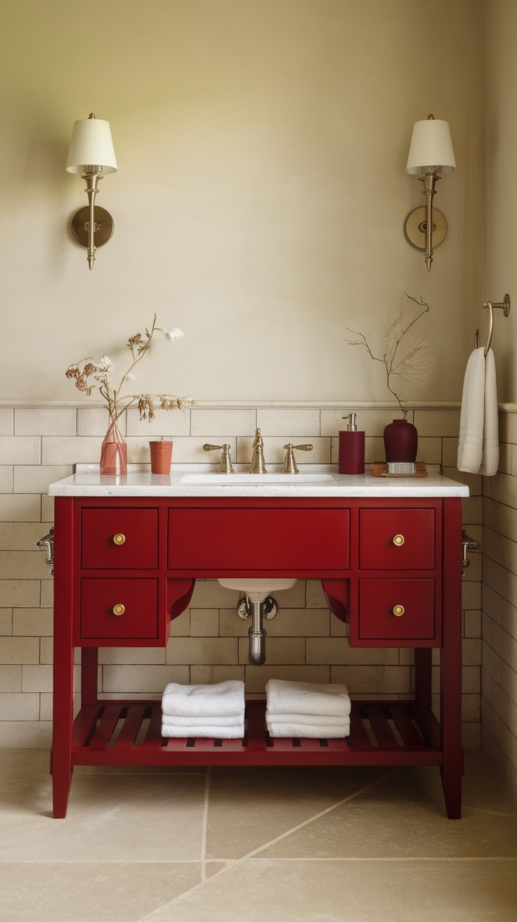 Cherry red vanity with a marble top and stylish accessories