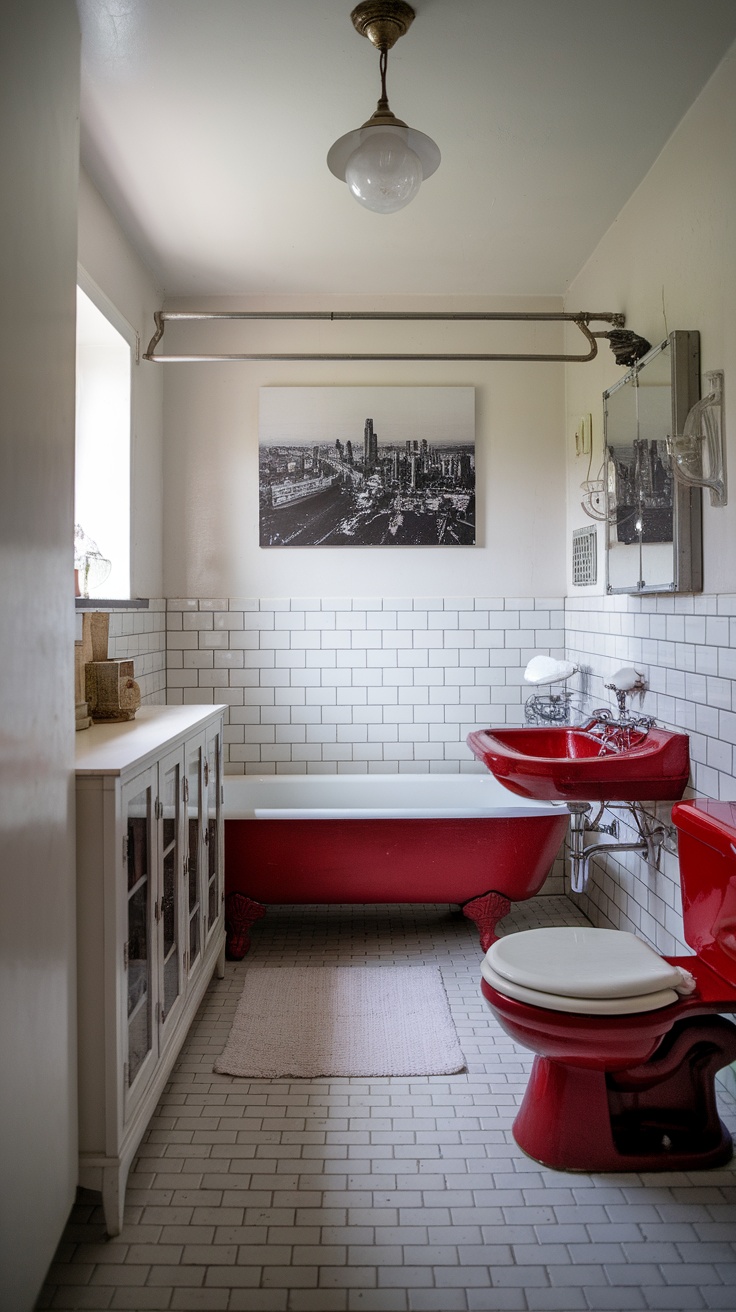 Cherry red vintage bathroom fixtures with a stylish decor