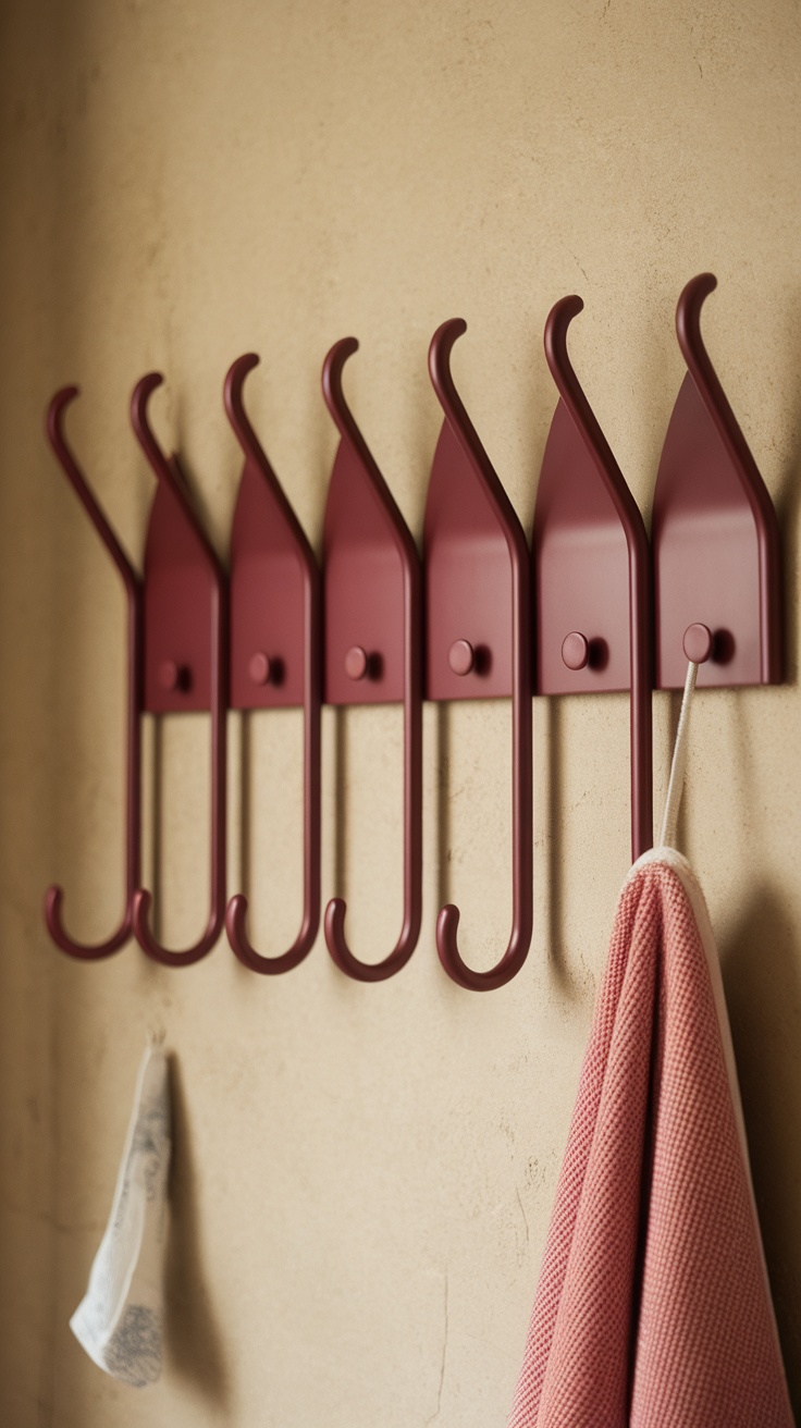 Decorative cherry red wall hooks for bathroom organization.