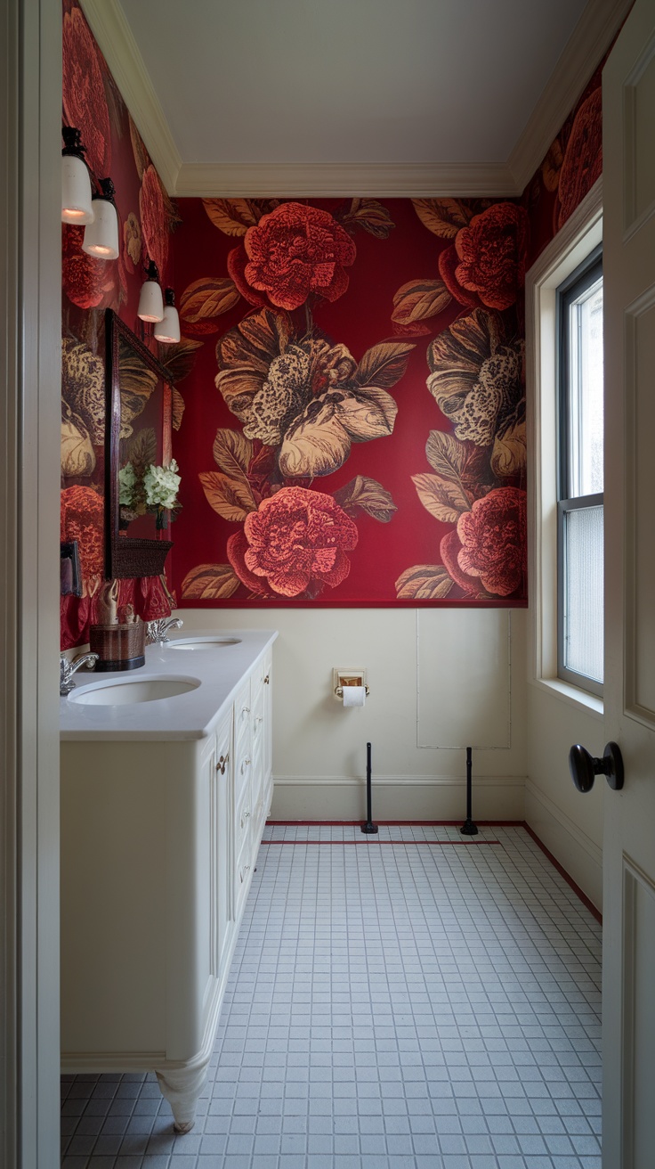 Cherry red wallpaper in a bathroom with floral patterns