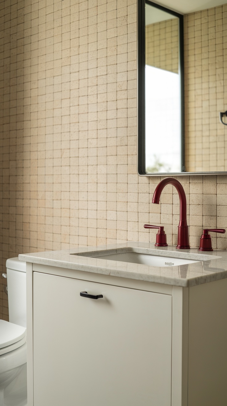 A stylish cherry red waterfall faucet in a modern bathroom