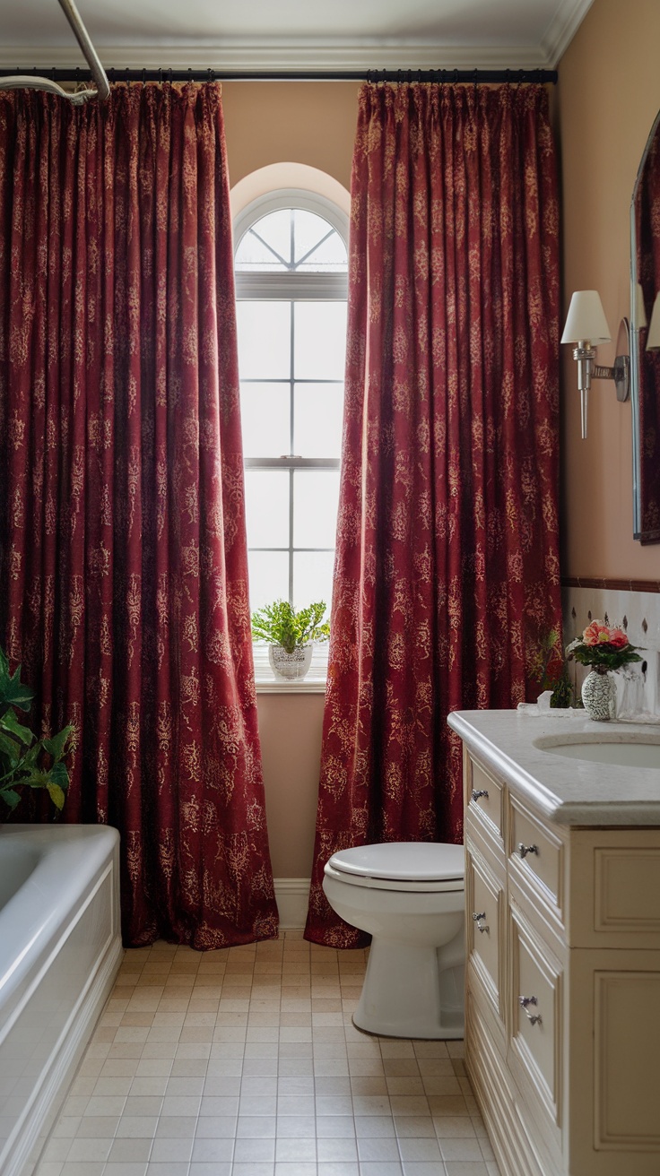 Cherry red window treatments in a bathroom setting