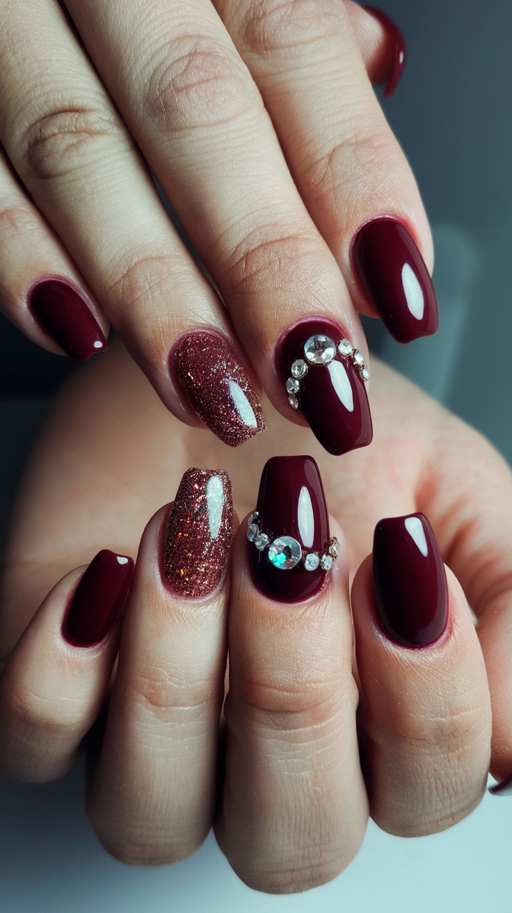 Cherry red nails with rhinestones and glitter accents