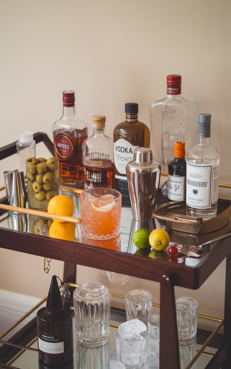 A cherry wood bar cart with various bottles, glasses, and cocktail ingredients displayed.