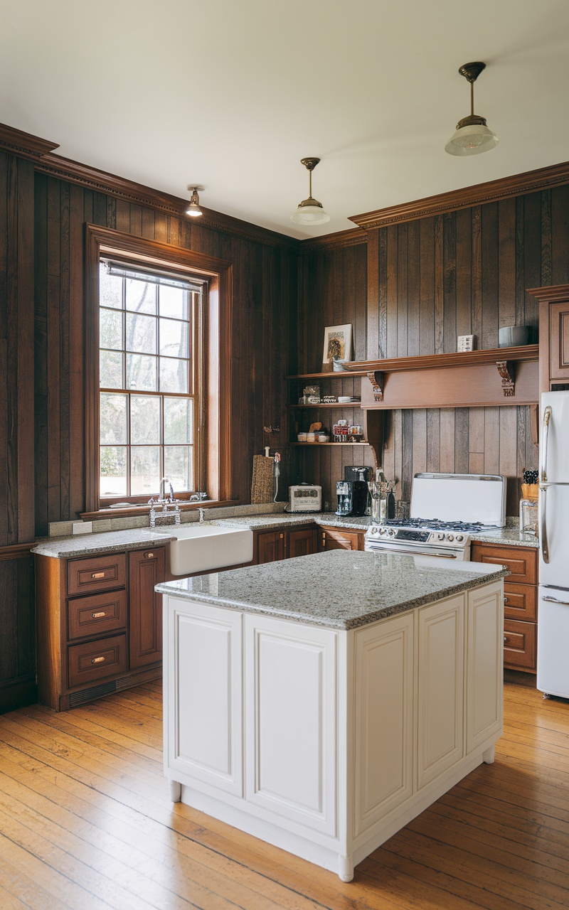 A kitchen with cherry wood paneling and granite countertops, featuring a white island and warm lighting.