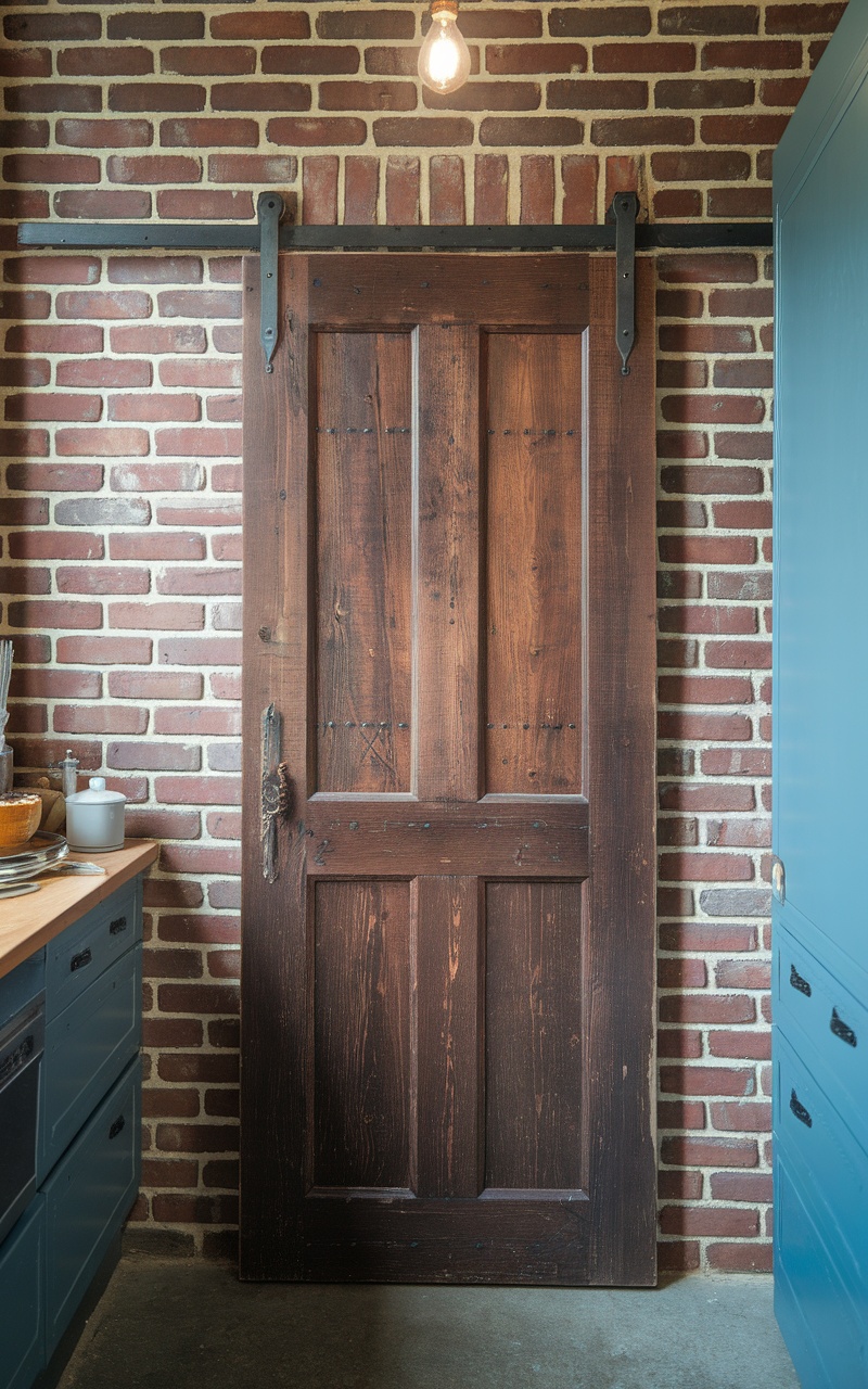 A cherry wood pantry door on a brick wall, featuring a sliding barn door style and black hardware.