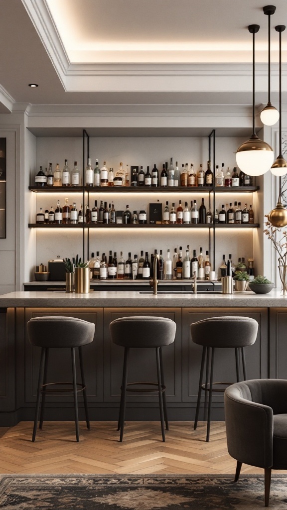 Chic bar area with shelves of liquor, modern bar stools, and elegant decor